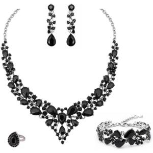 imageCSY Retro Jewelry Sets Women Vintage Necklace Earrings Bracelet Ring Sets Crystal Antique Finish JewelryBlack crystalAntique Silver Tone