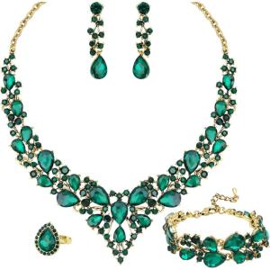imageCSY Retro Jewelry Sets Women Vintage Necklace Earrings Bracelet Ring Sets Crystal Antique Finish JewelryDark green crystalAntique Gold Tone