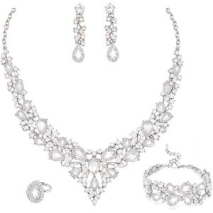 imageCSY Retro Jewelry Sets Women Vintage Necklace Earrings Bracelet Ring Sets Crystal Antique Finish JewelryWhite crystalAntique Silver Tone
