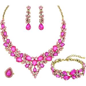 imageCSY Retro Jewelry Sets Women Vintage Necklace Earrings Bracelet Ring Sets Crystal Antique Finish JewelryHot pink crystalAntique Gold Tone