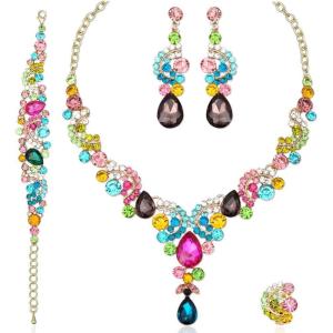 image:imageCSY Elegant Crystal Necklace Earrings Bracelet Ring Bridal Wedding Party Costume Jewelry Sets for Brides Women4 PcsSetGold Plated  Multicolor