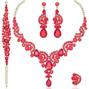image:imageCSY Elegant Crystal Necklace Earrings Bracelet Ring Bridal Wedding Party Costume Jewelry Sets for Brides Women4 PcsSetGold Plated  Red