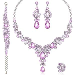 image:imageCSY Elegant Crystal Necklace Earrings Bracelet Ring Bridal Wedding Party Costume Jewelry Sets for Brides Women4 PcsSetViolet