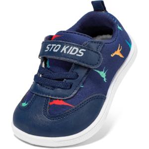 imageSTQ Toddler Girls Boys Wide Toe Barefoot Shoes Kids Walking Tennis Comfort Sneakers Lightweight Breathable Gym ShoeNavy Dinosaur