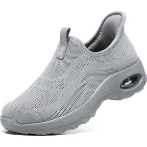 imageSTQ Walking Shoes Women Slip On Sneakers Air Cushion Comfortable Breathable Lightweight Mesh Shoes Shock Absorbing Design Ideal for Plantar Fasciitis All Day StandingMedium Grey Pink