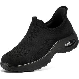 imageSTQ Walking Shoes Women Slip On Sneakers Air Cushion Comfortable Breathable Lightweight Mesh Shoes Shock Absorbing Design Ideal for Plantar Fasciitis All Day StandingAll Black