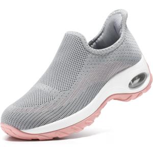 imageSTQ Womens Slip on Walking Shoes Air Cushion Comfortable Supportive Orthopedic Nursing Sneakers for Plantar FasciitisLight Grey Pink