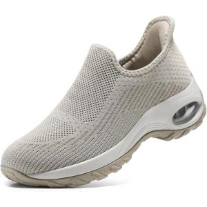 imageSTQ Womens Slip on Walking Shoes Air Cushion Comfortable Supportive Orthopedic Nursing Sneakers for Plantar FasciitisTaupe