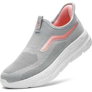 imageSTQ Womens Slip on Walking Shoes Supportive Non Slip Work Lightweight Cushion Plantar Fasciitis Orthopedic Breathable Sneakers for All Day StandingLight Grey Pink