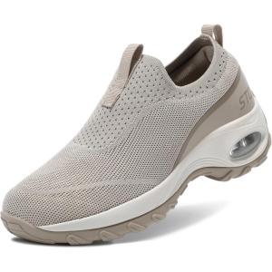 imageSTQ Slip on Walking Shoes for Women Arch Support Mesh Comfy Work ShoesTaupe