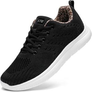 imageSTQ Tennis Shoes Womens Sneakers Breathable Mesh Walking Shoes Arch Support Orthopedic Athletic Workout Gym Running Shoe for Travel Jogging Sports Cross TrainingBlack Leopard