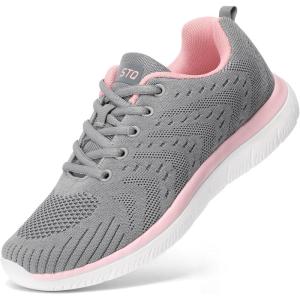 imageSTQ Tennis Shoes Womens Sneakers Breathable Mesh Walking Shoes Arch Support Orthopedic Athletic Workout Gym Running Shoe for Travel Jogging Sports Cross TrainingLight GreyPink