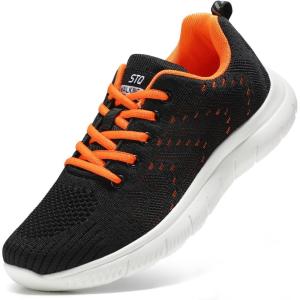 imageSTQ Tennis Shoes Womens Sneakers Breathable Mesh Walking Shoes Arch Support Orthopedic Athletic Workout Gym Running Shoe for Travel Jogging Sports Cross TrainingBlack Orange