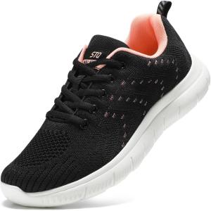 imageSTQ Tennis Shoes Womens Sneakers Breathable Mesh Walking Shoes Arch Support Orthopedic Athletic Workout Gym Running Shoe for Travel Jogging Sports Cross TrainingBlackPink