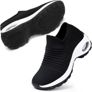 imageSTQ Walking Shoes Women Slip on Sneakers Non Slip Work AirCushion Arch Support Tennis Plantar Fasciitis Orthopedic Breathable Mesh Comfortable Ladies NursingBlack White