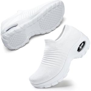 imageSTQ Walking Shoes Women Slip on Sneakers Non Slip Work AirCushion Arch Support Tennis Plantar Fasciitis Orthopedic Breathable Mesh Comfortable Ladies NursingWhite