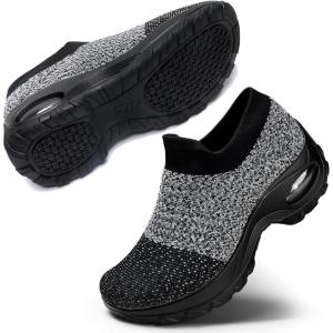 imageSTQ Walking Shoes Women Slip on Sneakers Non Slip Work AirCushion Arch Support Tennis Plantar Fasciitis Orthopedic Breathable Mesh Comfortable Ladies NursingGrey Black