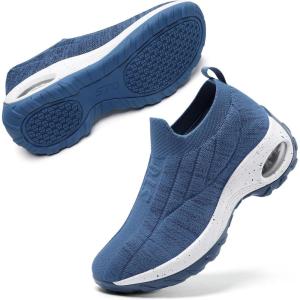 imageSTQ Walking Shoes Women Slip on Sneakers Non Slip Work AirCushion Arch Support Tennis Plantar Fasciitis Orthopedic Breathable Mesh Comfortable Ladies NursingDenim Blue White