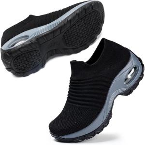 imageSTQ Walking Shoes Women Slip on Sneakers Non Slip Work AirCushion Arch Support Tennis Plantar Fasciitis Orthopedic Breathable Mesh Comfortable Ladies NursingBlack