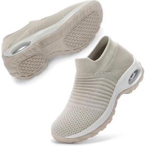 imageSTQ Walking Shoes Women Slip on Sneakers Non Slip Work AirCushion Arch Support Tennis Plantar Fasciitis Orthopedic Breathable Mesh Comfortable Ladies NursingLight Taupe
