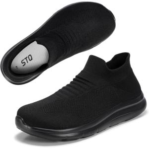imageSTQ Wide Toe Box Walking Shoes Women  Sock Orthopedic Slip On Shoe NonSlip Comfort Mesh Diabetic Sneakers for Plantar Fasciitis Relief BunionsAll Black