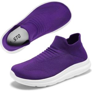 imageSTQ Wide Toe Box Walking Shoes Women  Sock Orthopedic Slip On Shoe NonSlip Comfort Mesh Diabetic Sneakers for Plantar Fasciitis Relief BunionsPurple