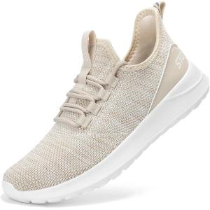 imageSTQ Womens Slip On Sneakers Tennis Walking Orthopedic Shoes Breathable Athletic Gym Workout Cross Training SneakersBeige
