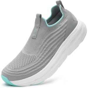 imageSTQ Womens Slip on Sneakers Wide Toe Box Walking Tennis Shoes Cushion Sole Comfortable Orthopedic Arch Support Breathable Plantar Fasciitis NonSlip Athletic Gym Workout ShoeGrey Teal