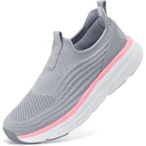 imageSTQ Womens Slip on Sneakers Wide Toe Box Walking Tennis Shoes Cushion Sole Comfortable Orthopedic Arch Support Breathable Plantar Fasciitis NonSlip Athletic Gym Workout ShoeDark Grey Pink