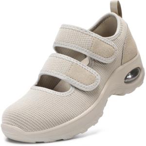 imageSTQ Womens Walking Shoes Non Slip Orthopedic Shoes Adjustable Diabetic Shoes Comfort Mary Jane ShoeTaupe