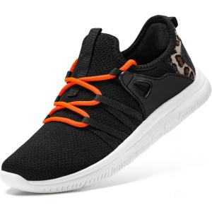 imageSTQ Womens Slip on Sneakers Breathable Tennis Arch Support Comfortable Walking Shoes Plantar Fasciitis Orthopedic Workout Gym Cross Training Athletic StandingBlack Orange Leopard