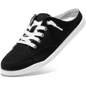 imageSTQ Slip On Mule Sneakers Slide on Canvas Shoes Casual Blackless Orthopedic Shoes with Arch Support Warm Wood Beige Size 6Black White