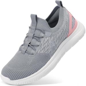 imageSTQ Women Walking Shoes with Arch Support Comfort Lightweight Slip on SneakersMedium Grey Pink