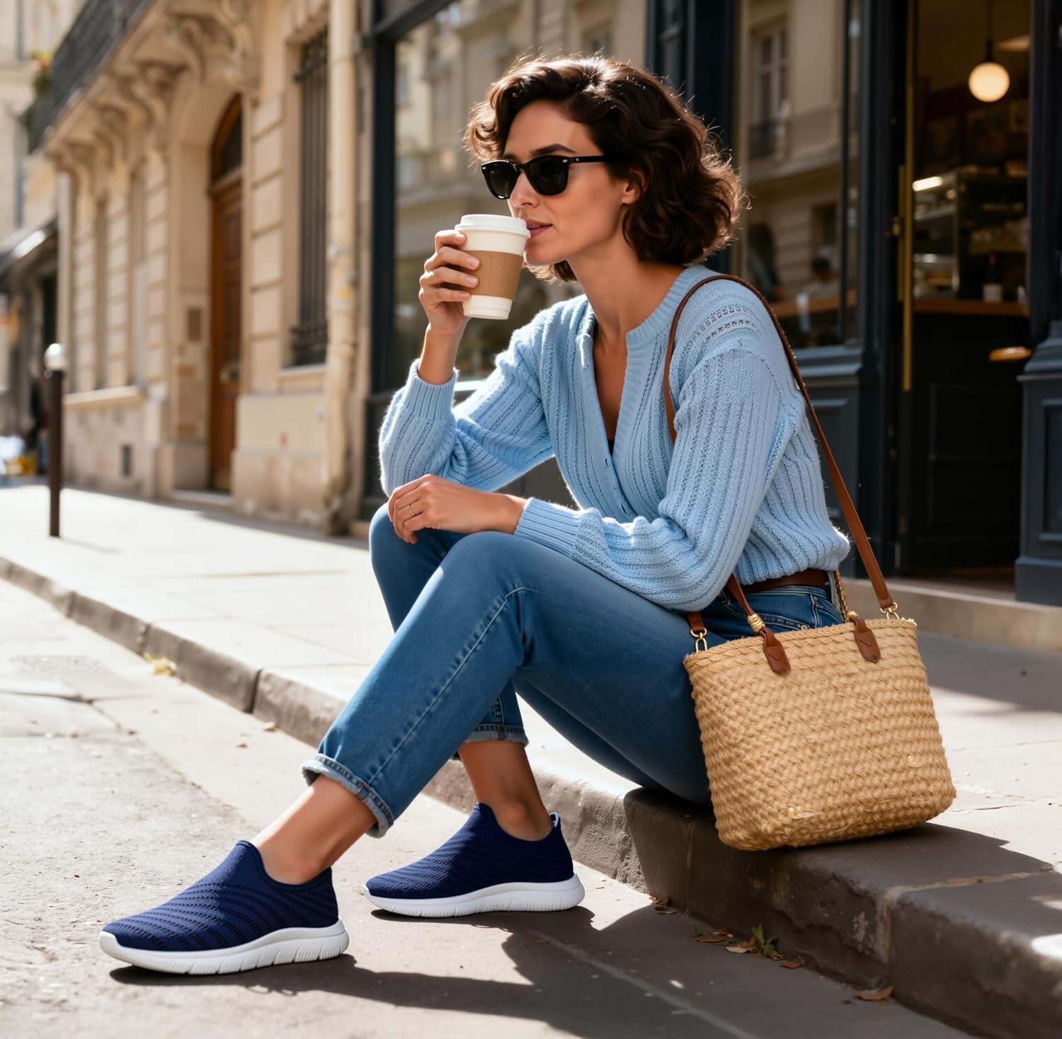 imageSTQ Slip on Sneakers Women Walking Shoes Tennis Arch Support Lightweight Breathable Mesh Maternity Elderly Nurse Orthopedic Plantar Fasciitis Standing Comfort Workout Gym TravellingNavy