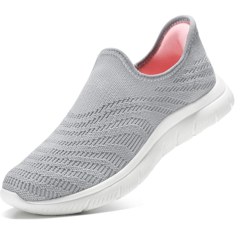 imageSTQ Slip on Sneakers Women Walking Shoes Tennis Arch Support Lightweight Breathable Mesh Maternity Elderly Nurse Orthopedic Plantar Fasciitis Standing Comfort Workout Gym TravellingLight Grey Pink