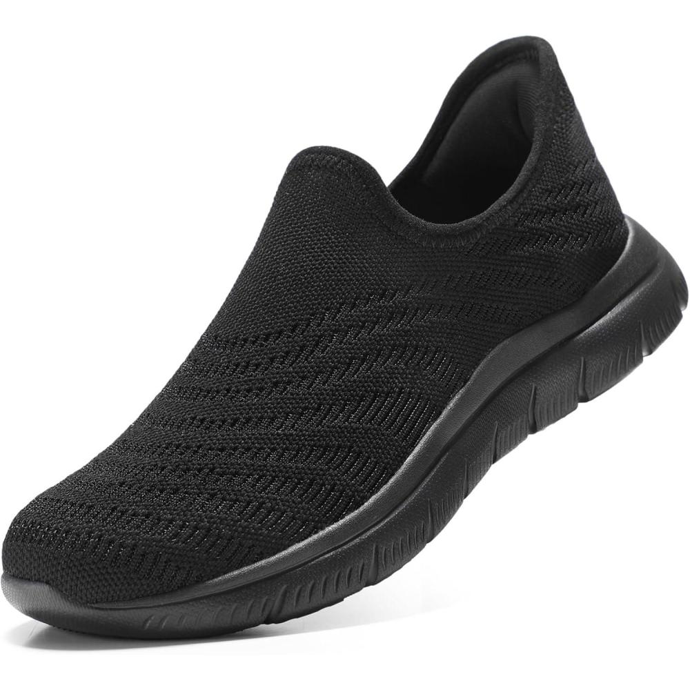 imageSTQ Slip on Sneakers Women Walking Shoes Tennis Arch Support Lightweight Breathable Mesh Maternity Elderly Nurse Orthopedic Plantar Fasciitis Standing Comfort Workout Gym TravellingAll Black