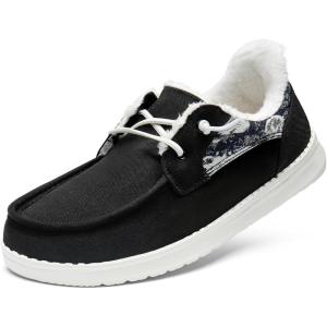 imageSTQ Fur Lined Slip on Loafers for Women Plantar Fasciitis Relief Sneakers Comfort Orthopedic Maternity Shoes for TravelBlack White