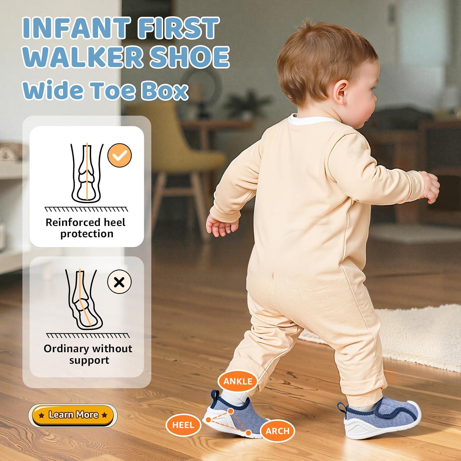 imageBaby Shoes Wide Toe Box Toddler Boy Girl First Walking Shoe Infant Barefoot Sneakers NonSlip Babies Walker Newborn Soft Sole Breathable Mesh Lightweight 6 9 12 18 24 MonthsBlue