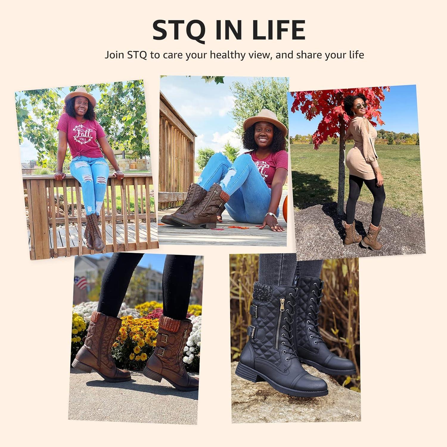 imageSTQ Womens Combat Boots Mid Calf Winter BootsMidcalf Black