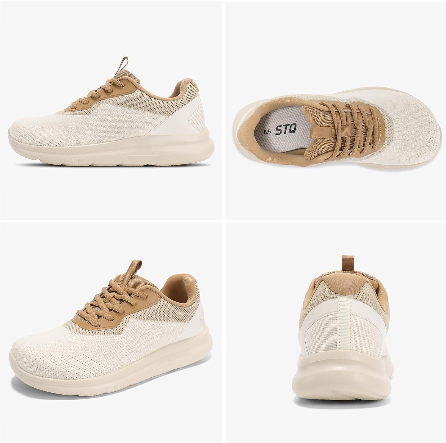 imageSTQ Womens Wide Toe Box Shoes Comfortable Orthopedic Sneakers for Plantar Fasciitis BunionsBeige Brown