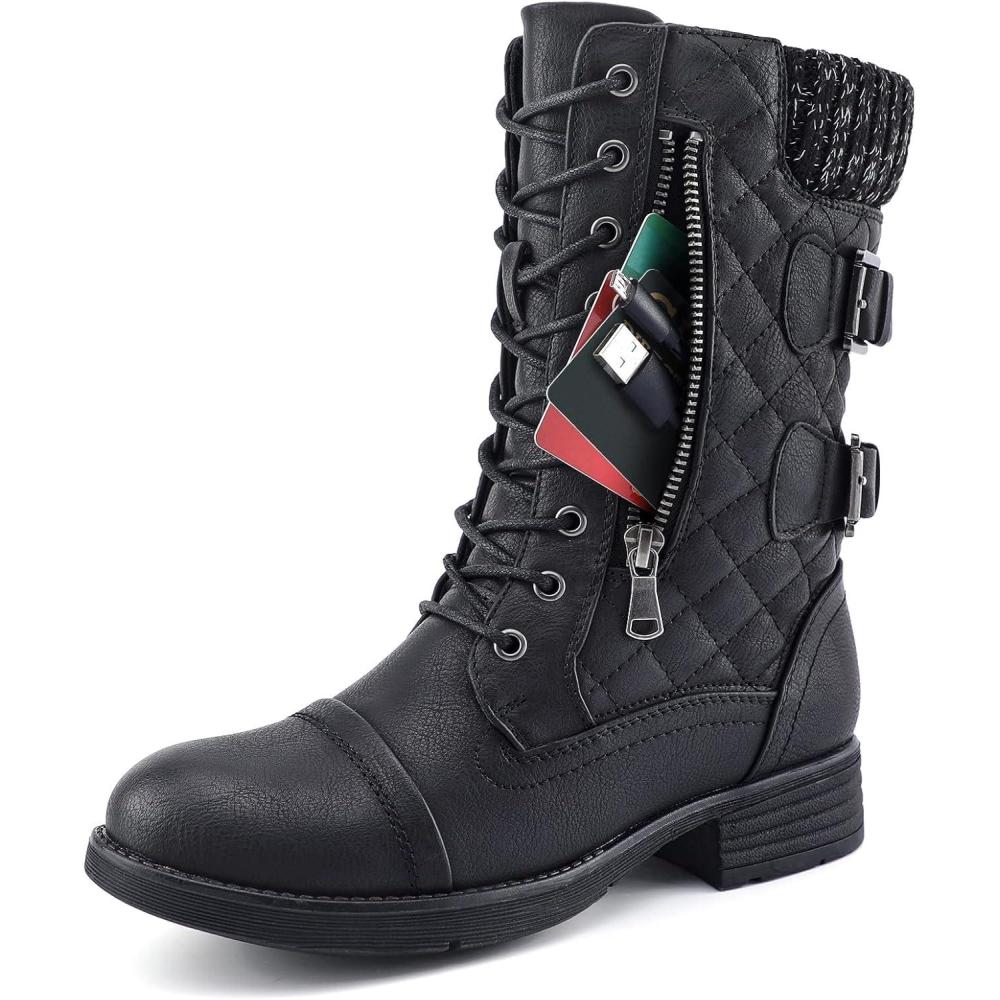 imageSTQ Womens Combat Boots Mid Calf Winter BootsMidcalf Black