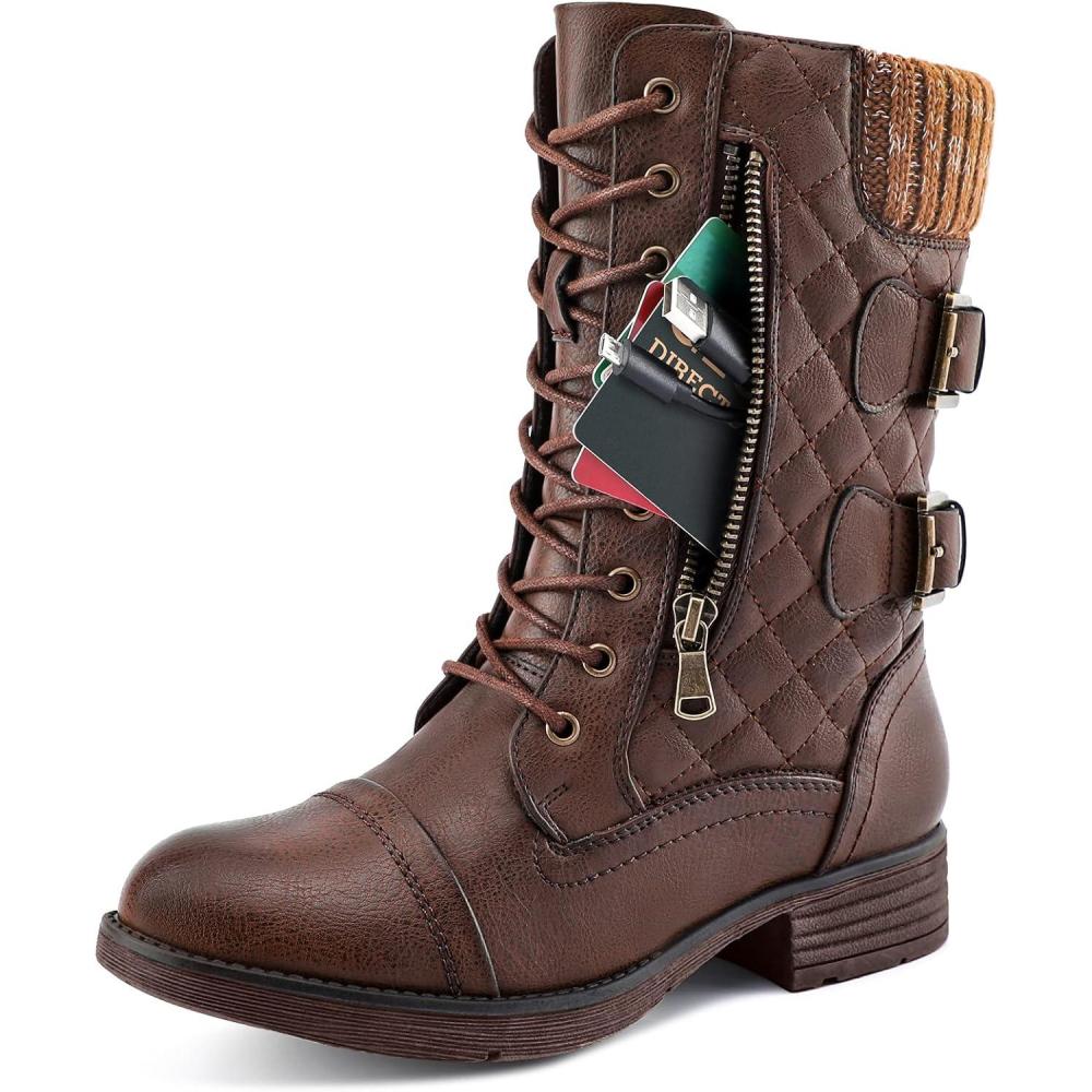 imageSTQ Womens Combat Boots Mid Calf Winter BootsMidcalf Brown