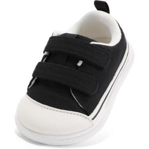 imageSTQ Toddler Wide Toe Box Shoe Girl Boy Barefoot Hook and Loops NonSlip Walking Baby SneakersBlack