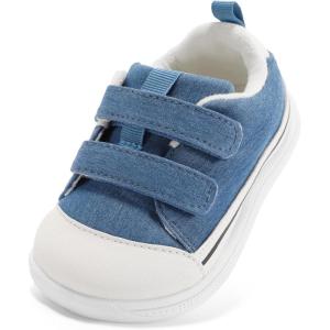 imageSTQ Toddler Wide Toe Box Shoe Girl Boy Barefoot Hook and Loops NonSlip Walking Baby SneakersDenim Blue