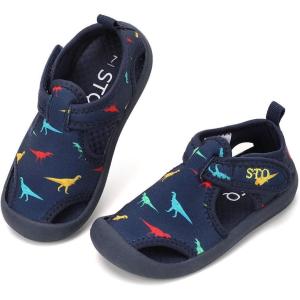 imageSTQ Boys Girls Water Shoes QuickDry Slip on Beach Swim Pool SandalsToddlerLittle KidNavy Dinosaur