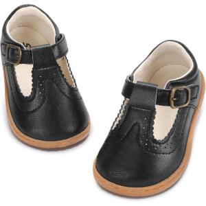 image:imageSTQ Wide Toe Box Toddler Mary Jane Dress Shoes Zero Drop Girls Ballet Flats for Party School Uniform Shoe with Hook and Loops Black Infant 4Black