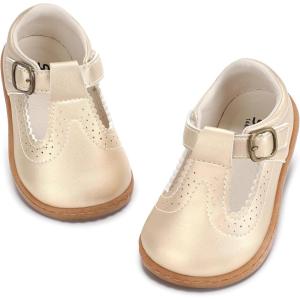 image:imageSTQ Wide Toe Box Toddler Mary Jane Dress Shoes Zero Drop Girls Ballet Flats for Party School Uniform Shoe with Hook and Loops Black Infant 4Gold