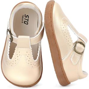 image:imageSTQ Wide Toe Box Toddler Mary Jane Dress Shoes Zero Drop Girls Ballet Flats for Party School Uniform with Hook and LoopsGold