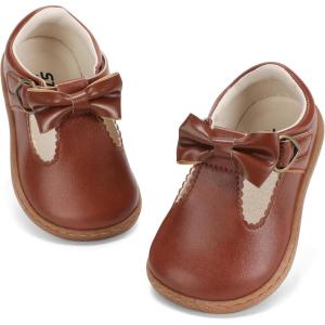 image:imageSTQ Toddler Girls Mary Jane Dress Shoes  Wide Toe Box amp Zero Drop Sole for Healthy First Walking  NonSlip T Strap Bow Ballet Flats for School Uniforms Weddings amp PartiesBrown