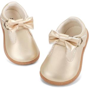 image:imageSTQ Toddler Girls Mary Jane Dress Shoes  Wide Toe Box amp Zero Drop Sole for Healthy First Walking  NonSlip T Strap Bow Ballet Flats for School Uniforms Weddings amp PartiesGold